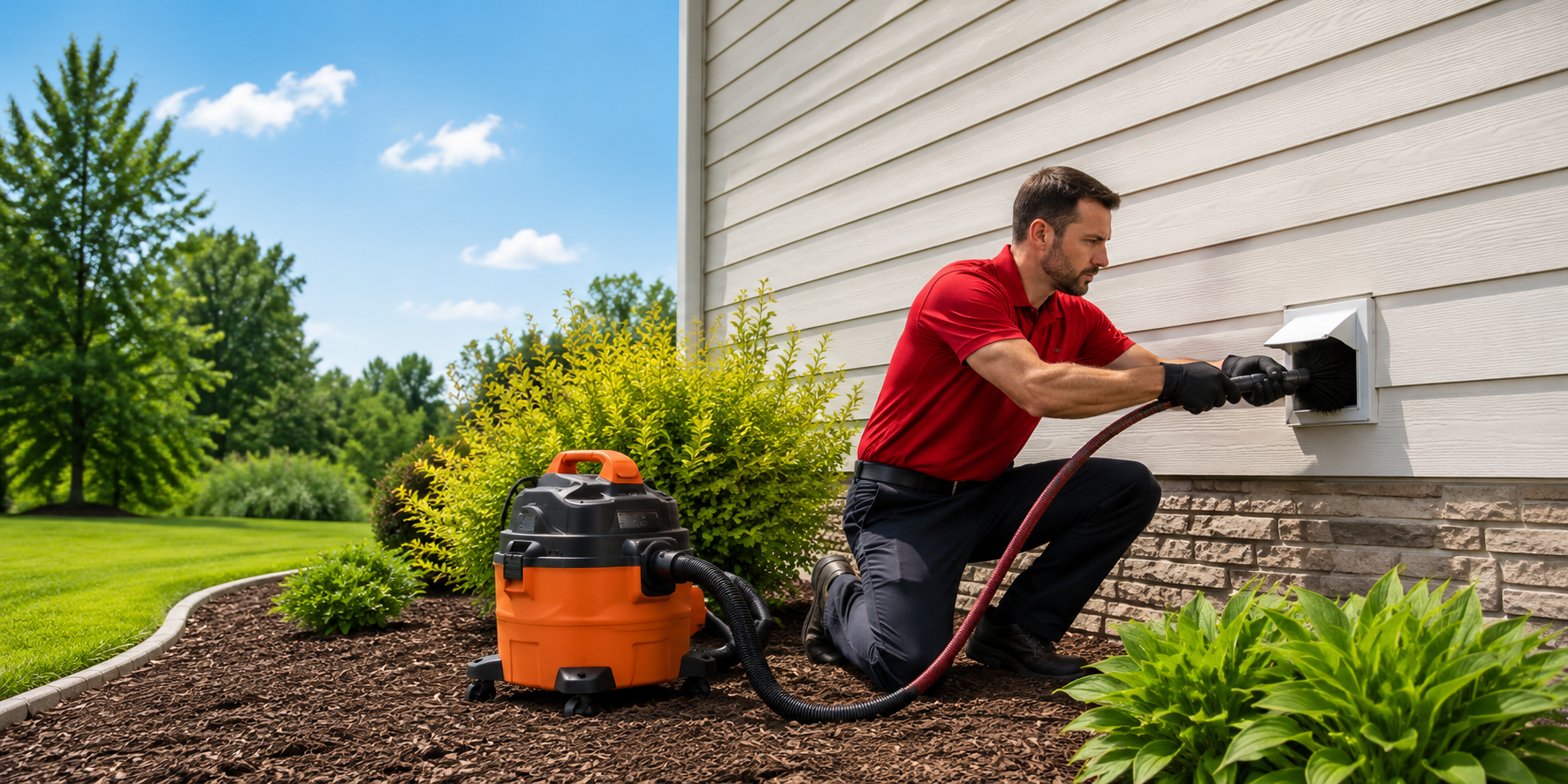 Professional dryer vent cleaning technician working on exterior vent
