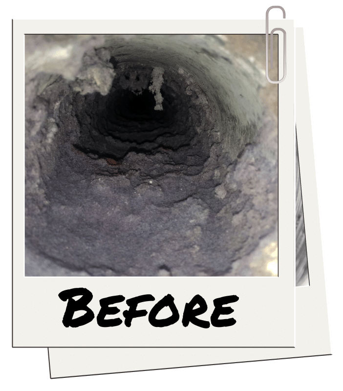 Clogged dryer vent before professional cleaning — heavy lint buildup